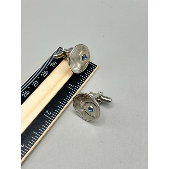 Vintage Silver Tone Cufflinks with Blue Stone Center Round Shaped - Picture 5 of 5